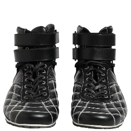 Black Quilted Leather Lace Up Sneakers Shoes