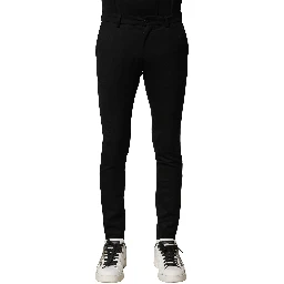 Black Wool Men Skinny Mid Waist Pants