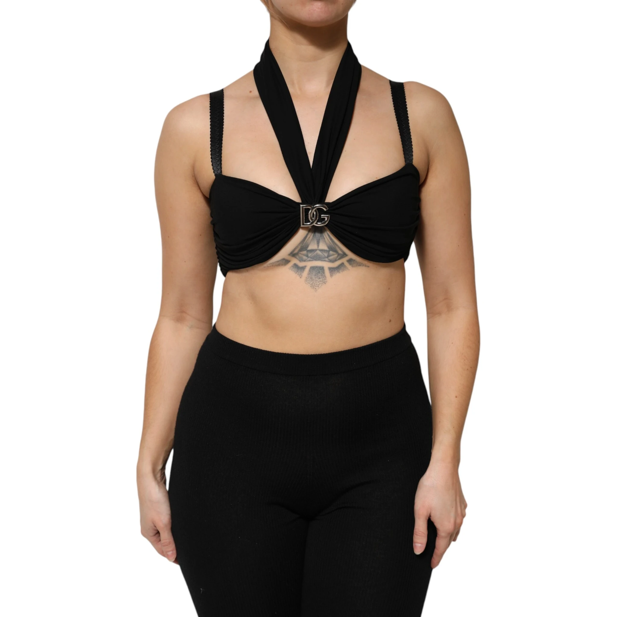 Black Cropped Viscose Halter Bustier Top