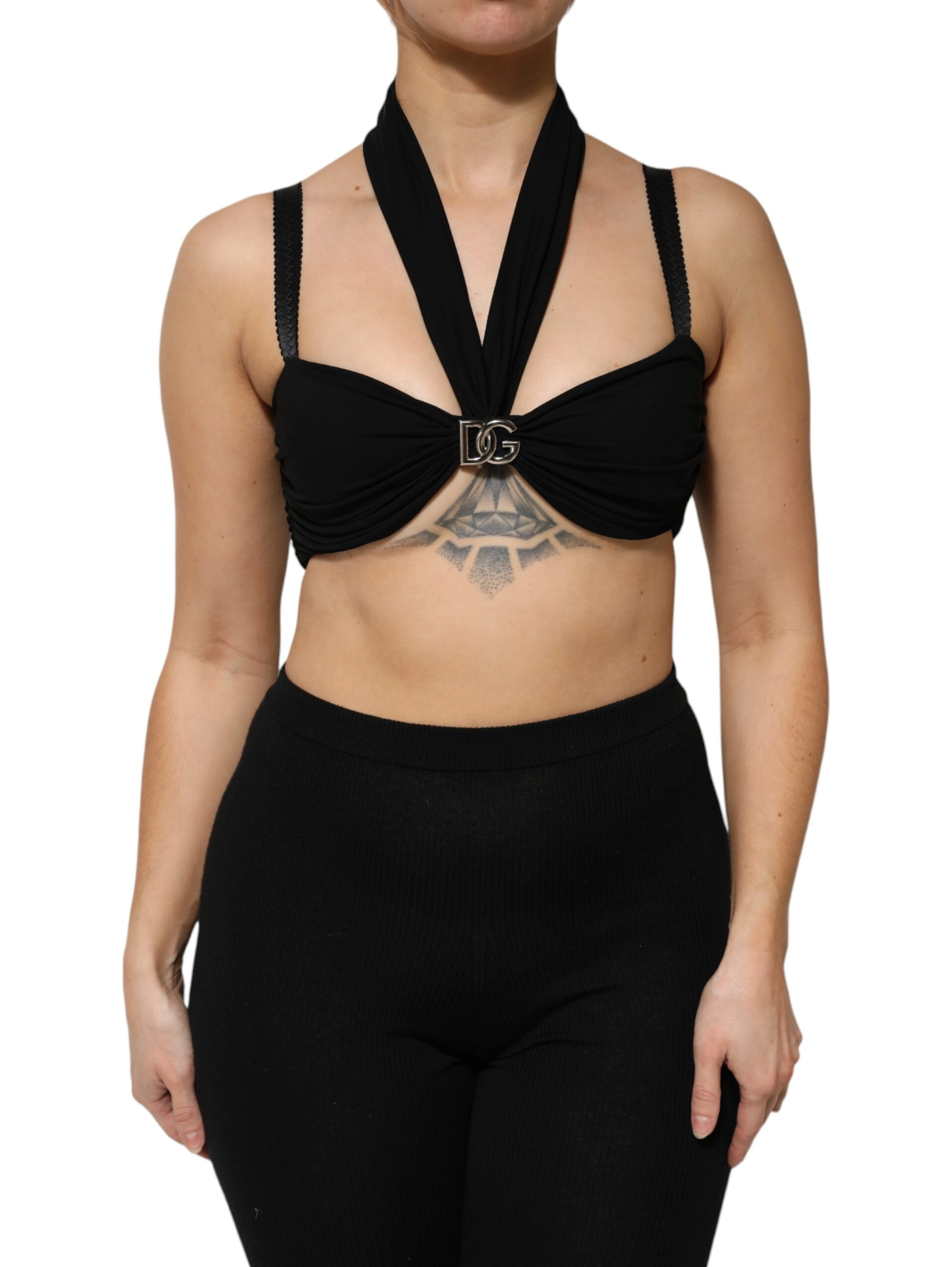 Black Cropped Viscose Halter Bustier Top