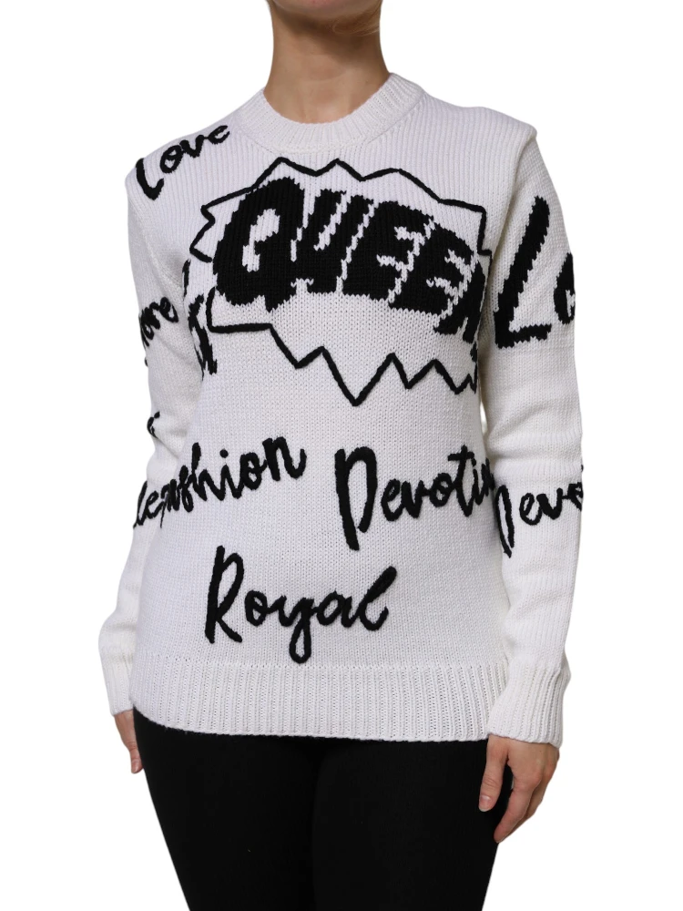 White Wool Knit Crew Neck Pullover Sweater