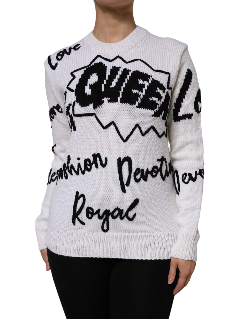 White Wool Knit Crew Neck Pullover Sweater