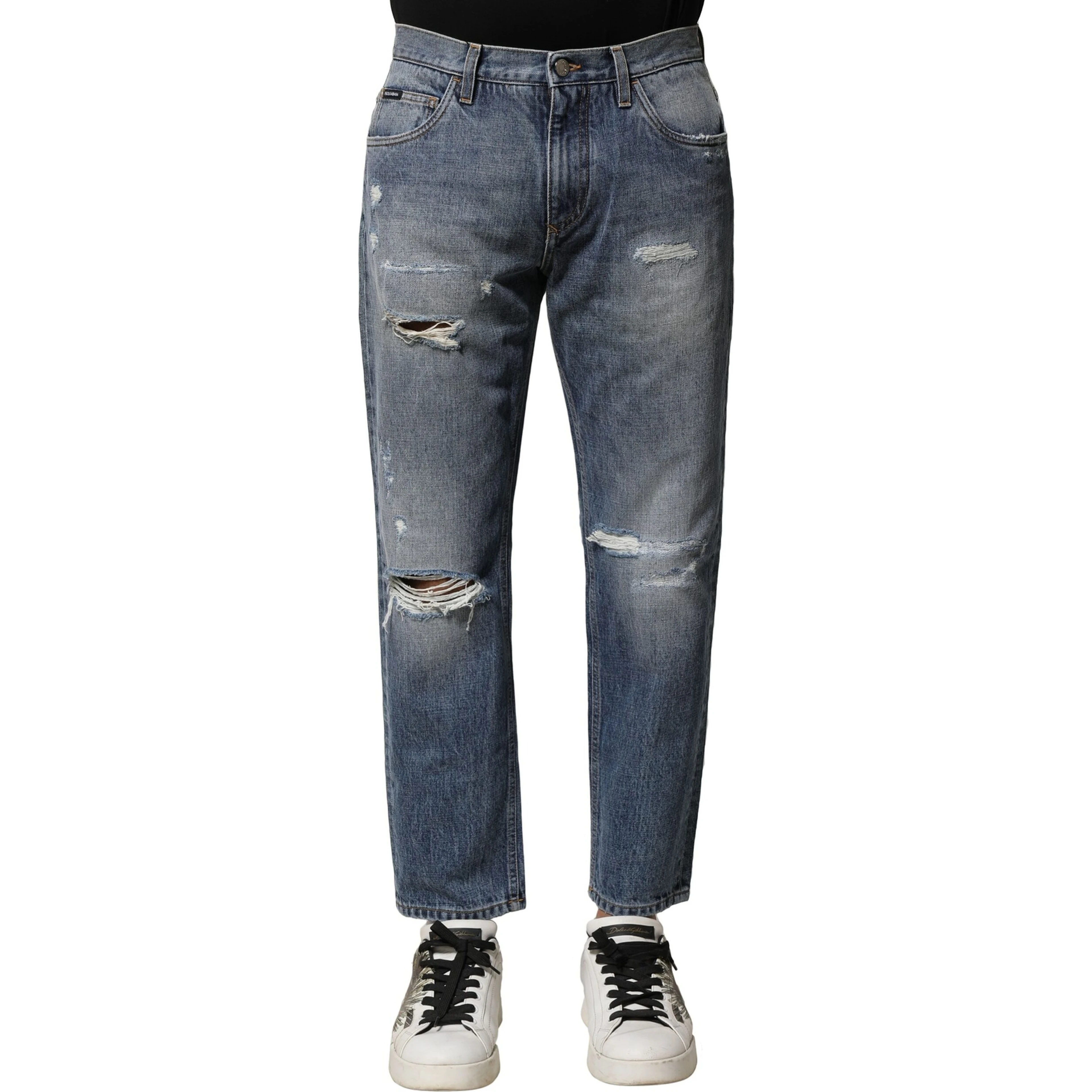 Blue Washed Tattered Straight Fit Denim Jeans