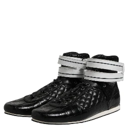Black Quilted Leather Lace Up Sneakers Shoes