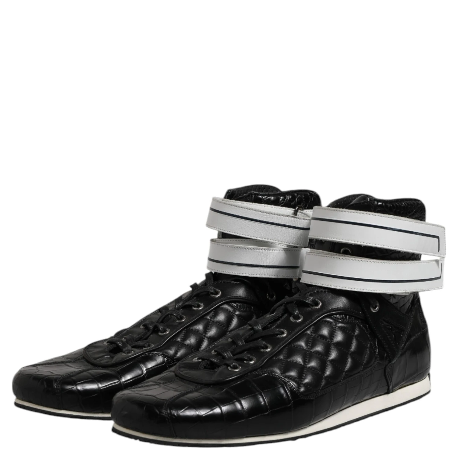 Black Quilted Leather Lace Up Sneakers Shoes