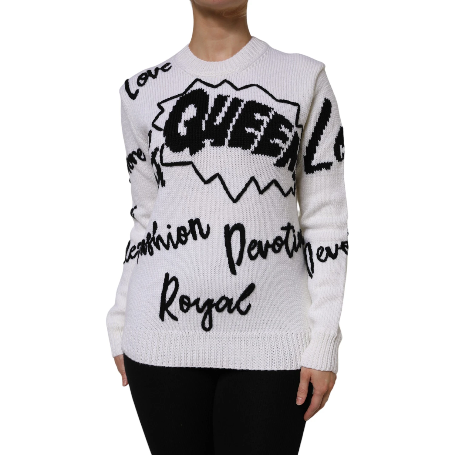 White Wool Knit Crew Neck Pullover Sweater