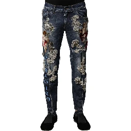 Blue Cotton Rhinestone Embellish Denim Jeans