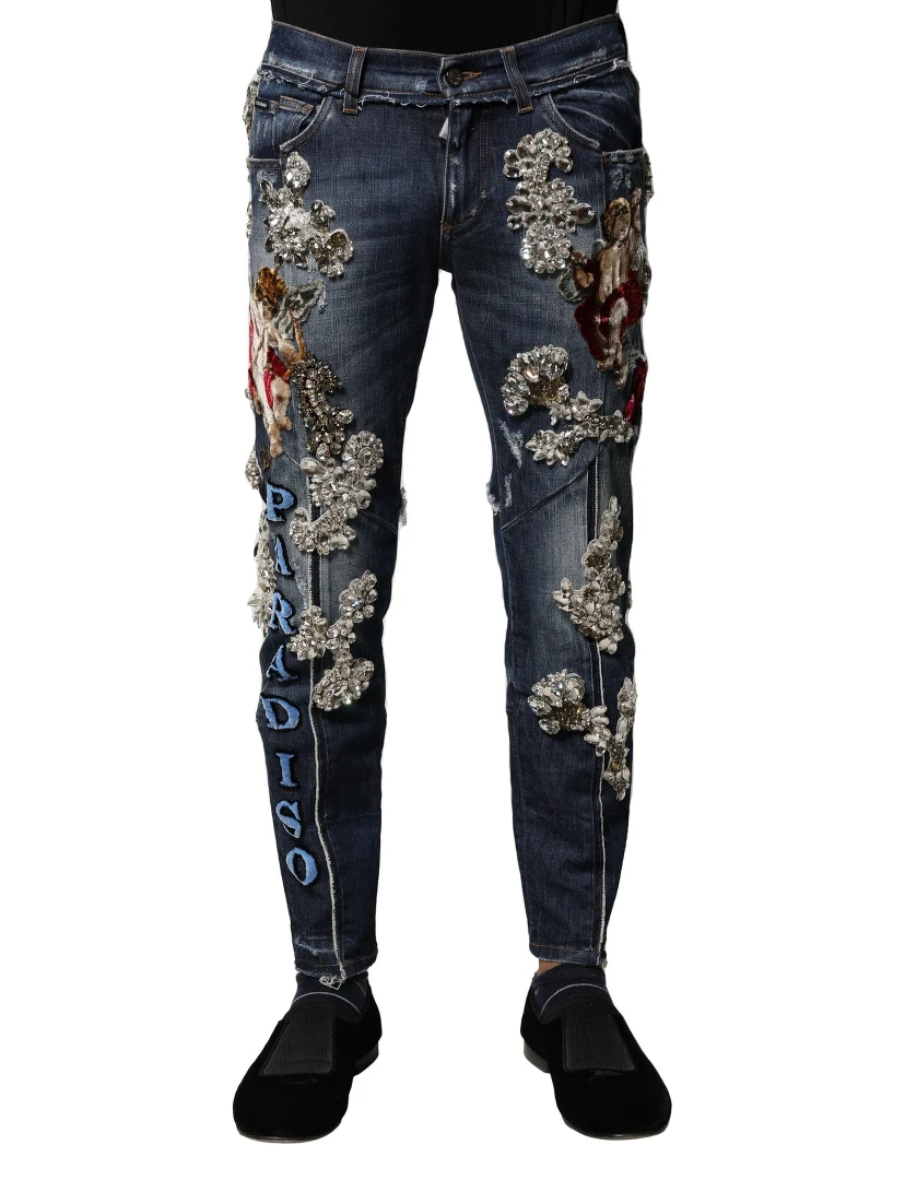 Blue Cotton Rhinestone Embellish Denim Jeans