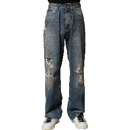 Blue Cotton Tattered Men Denim Jeans
