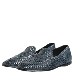 Blue Woven Leather Slip On Loafers Shoes