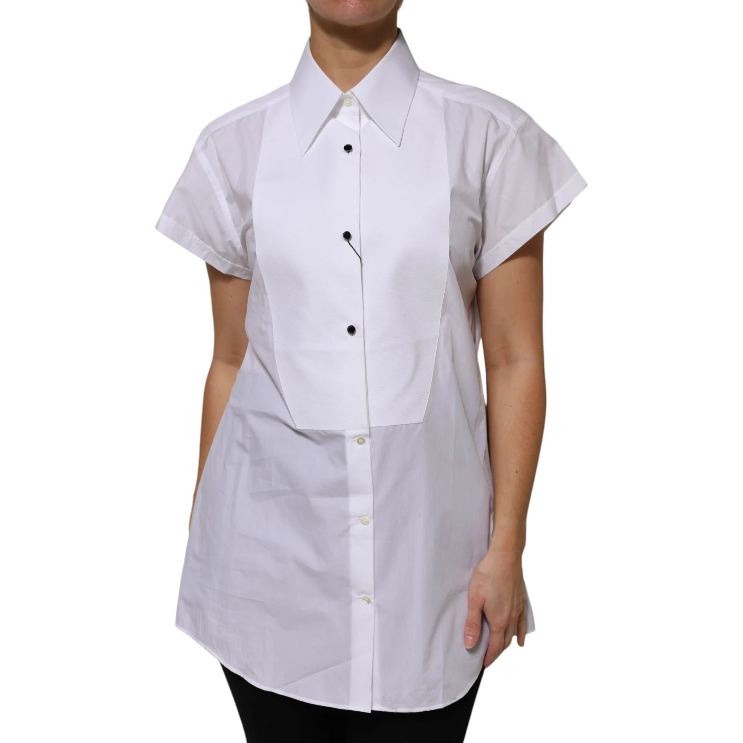 White Cotton Collared Short Sleeves Top
