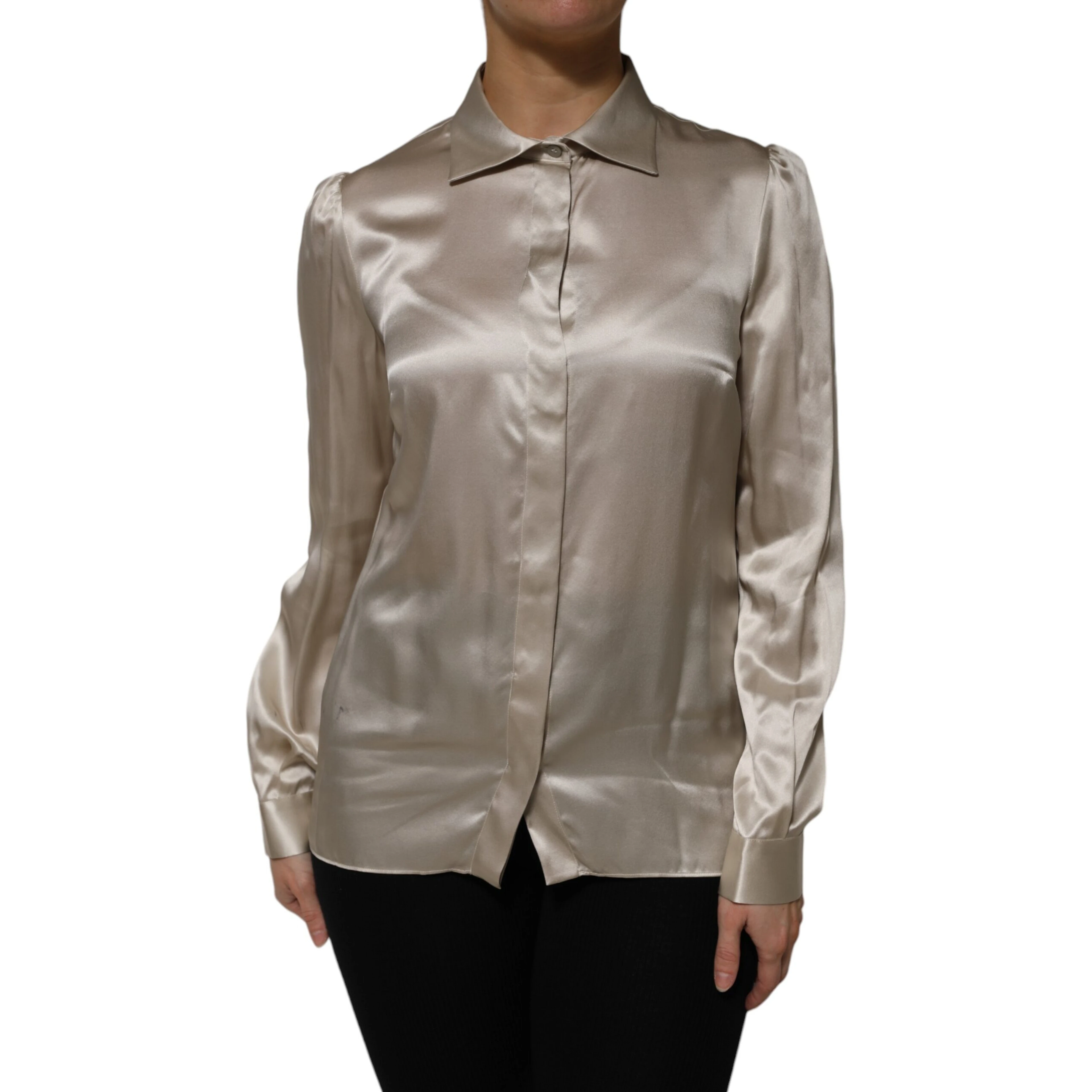 Beige Satin Silk Collared Long Sleeves Top
