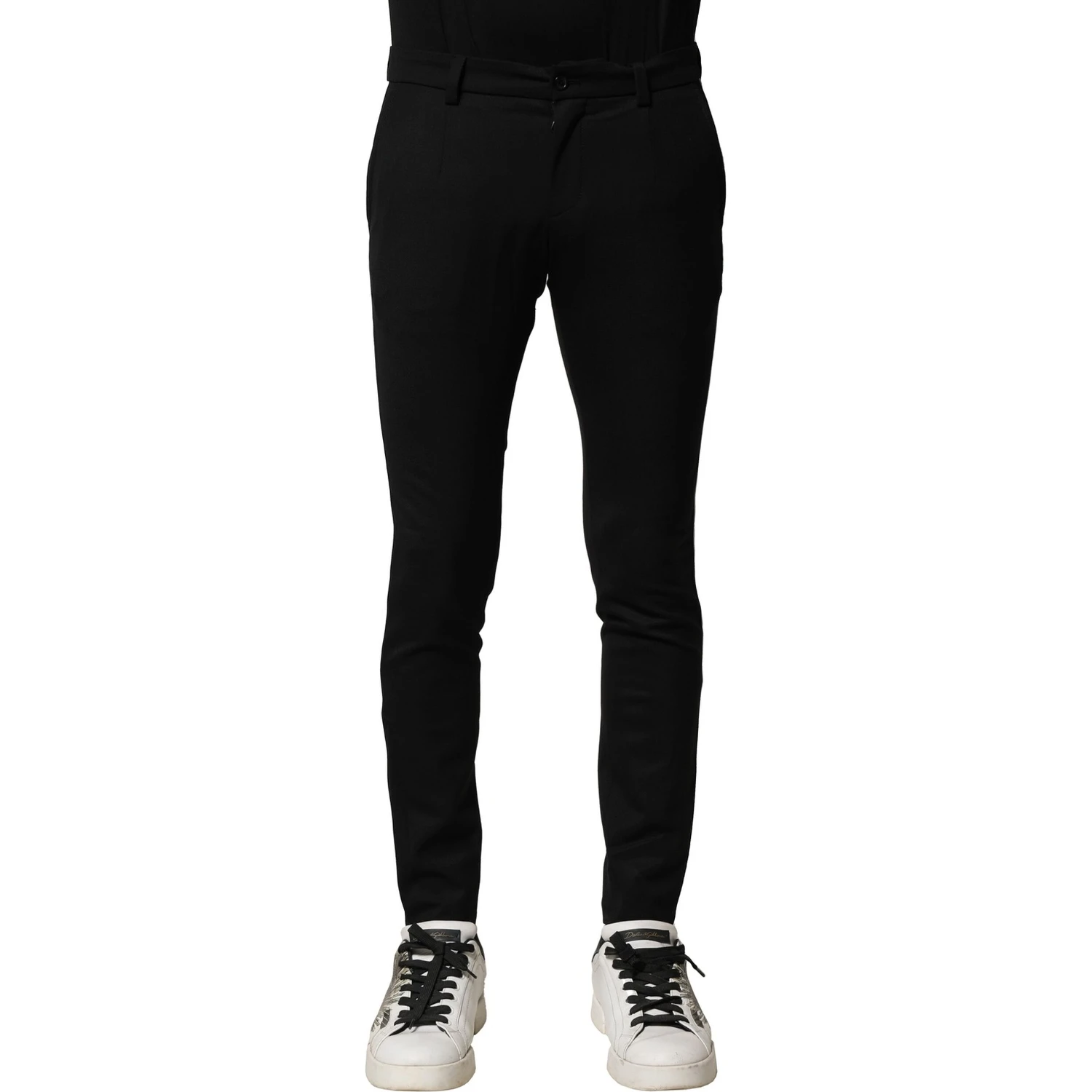 Black Wool Men Skinny Mid Waist Pants