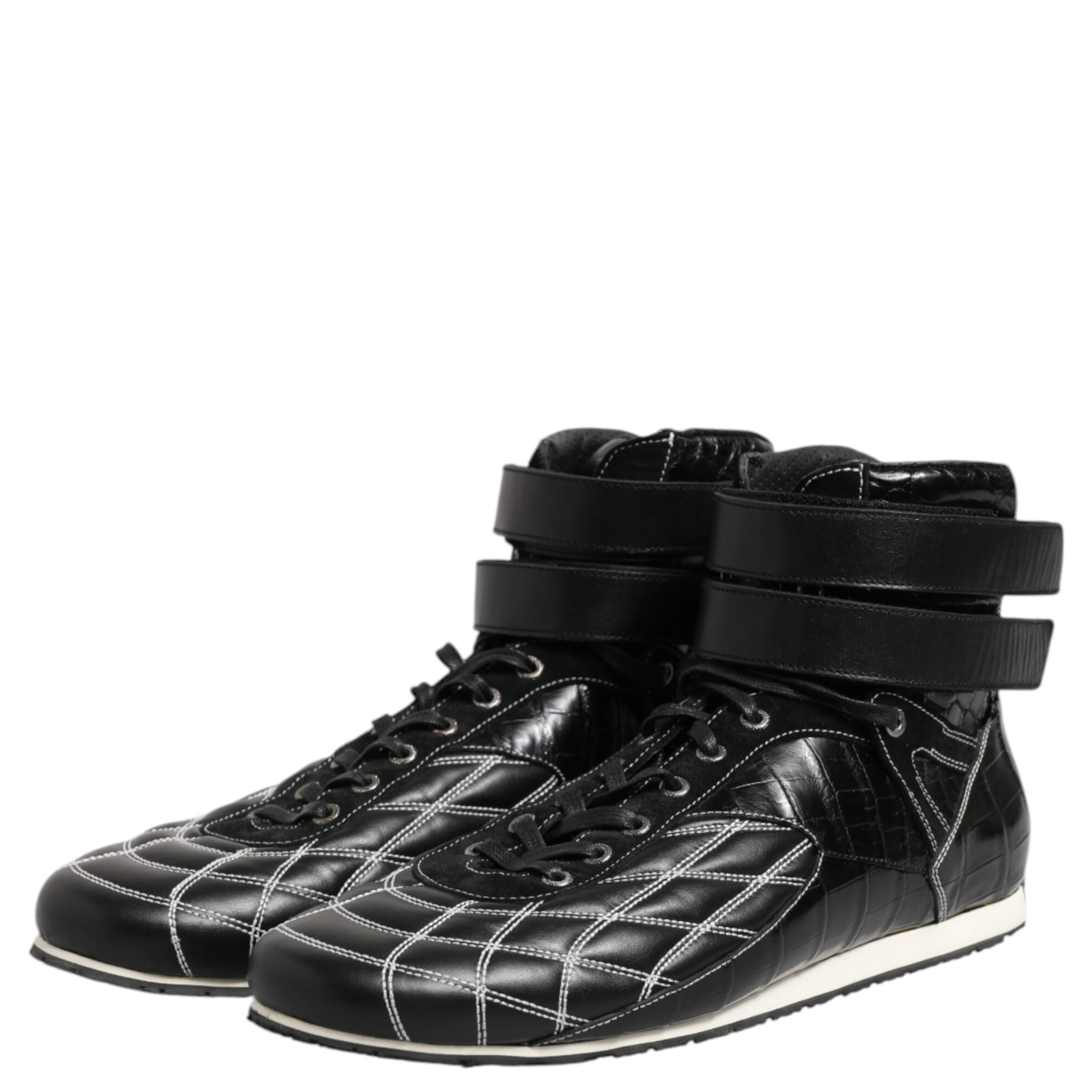 Black Quilted Leather Lace Up Sneakers Shoes