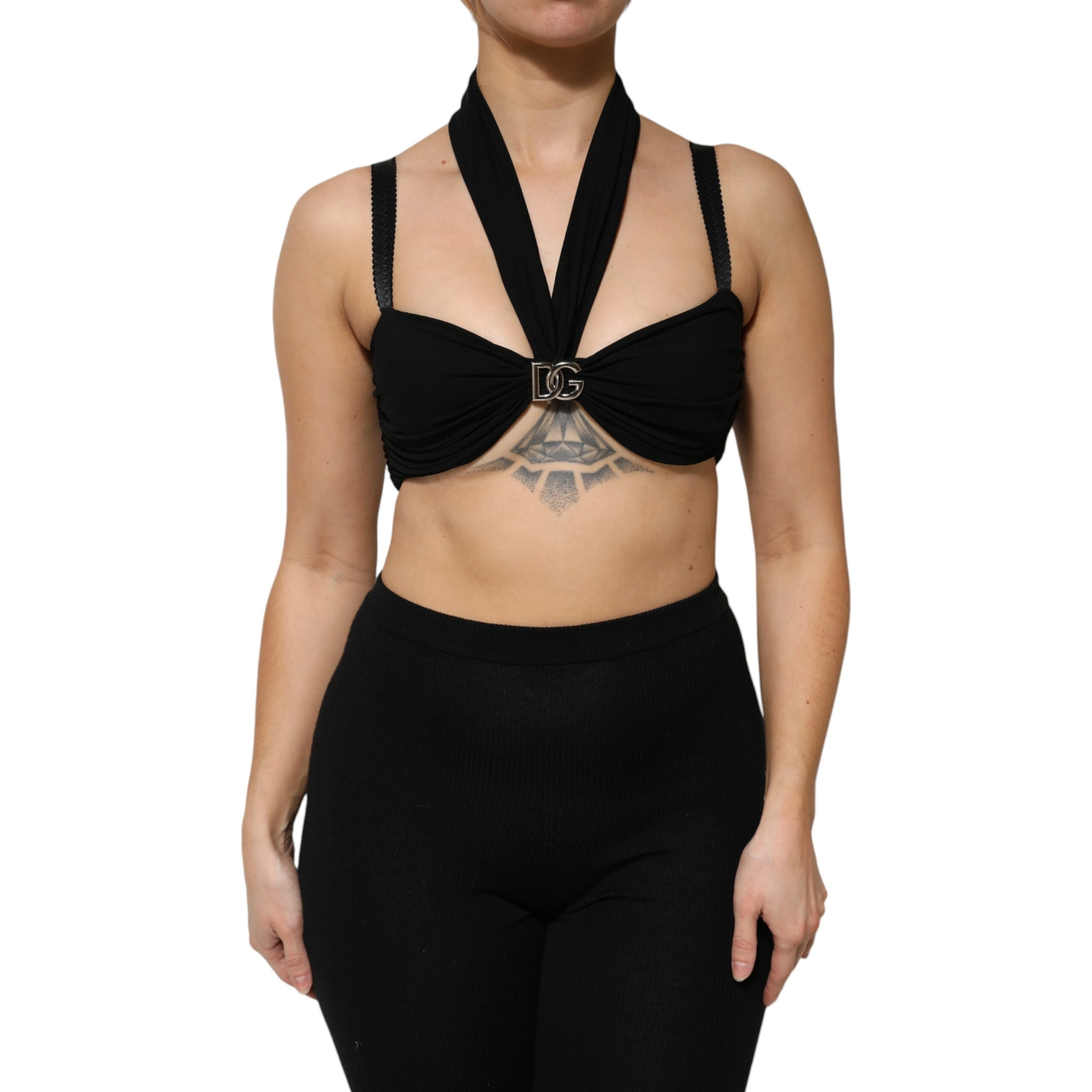 Black Cropped Viscose Halter Bustier Top