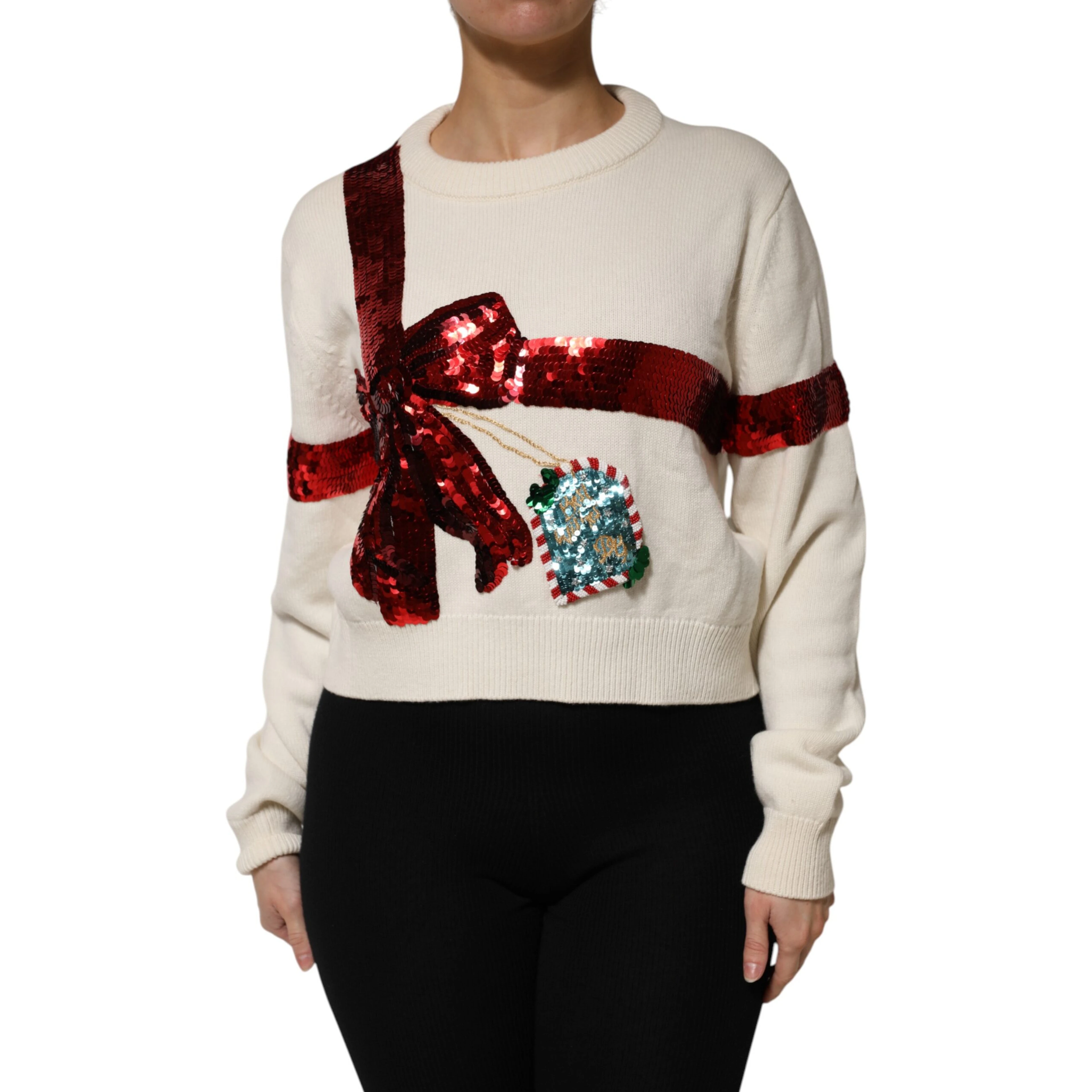 White Sequined Crew Neck Pullover Sweater