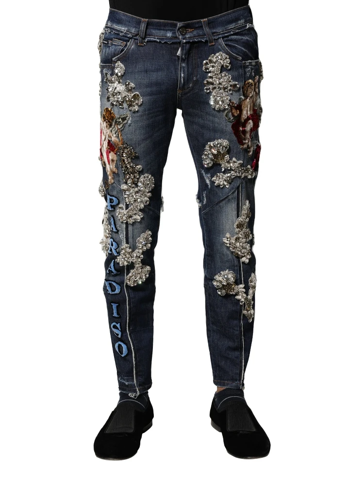 Blue Cotton Rhinestone Embellish Denim Jeans alternative
