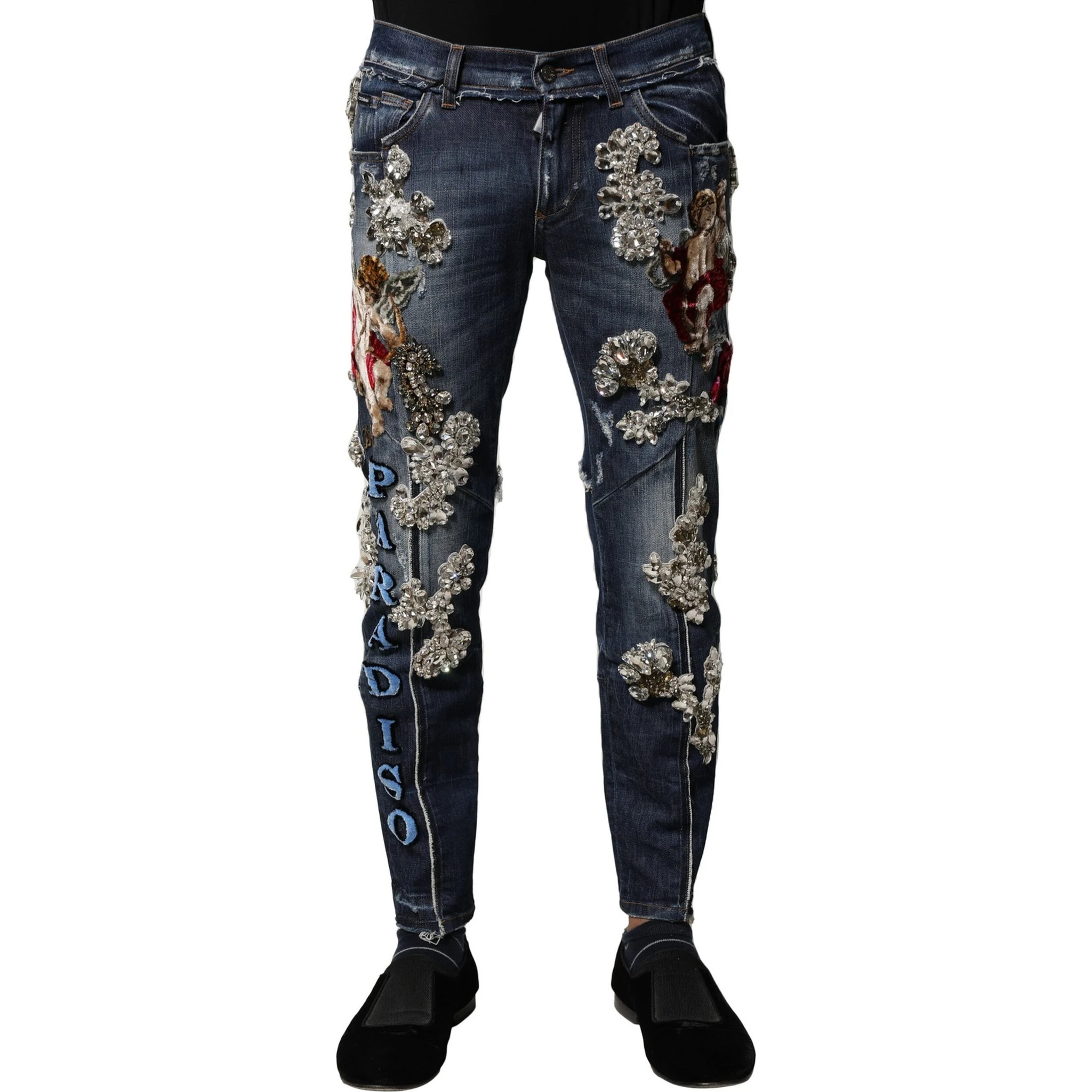 Blue Cotton Rhinestone Embellish Denim Jeans