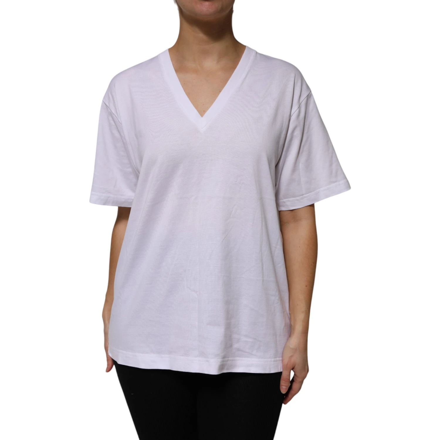 White Cotton Short Sleeves V-neck T-shirt