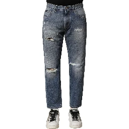 Blue Washed Tattered Straight Fit Denim Jeans