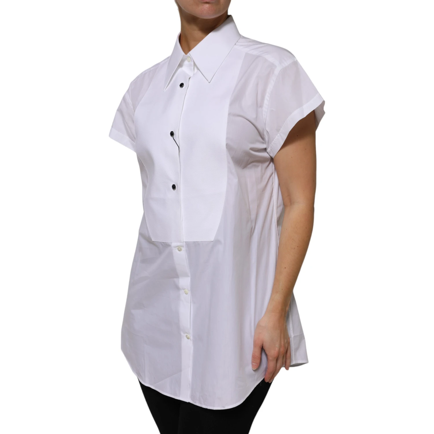 White Cotton Collared Short Sleeves Top