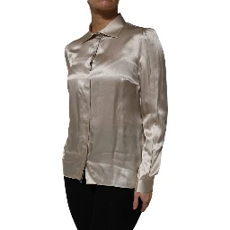 Beige Satin Silk Collared Long Sleeves Top
