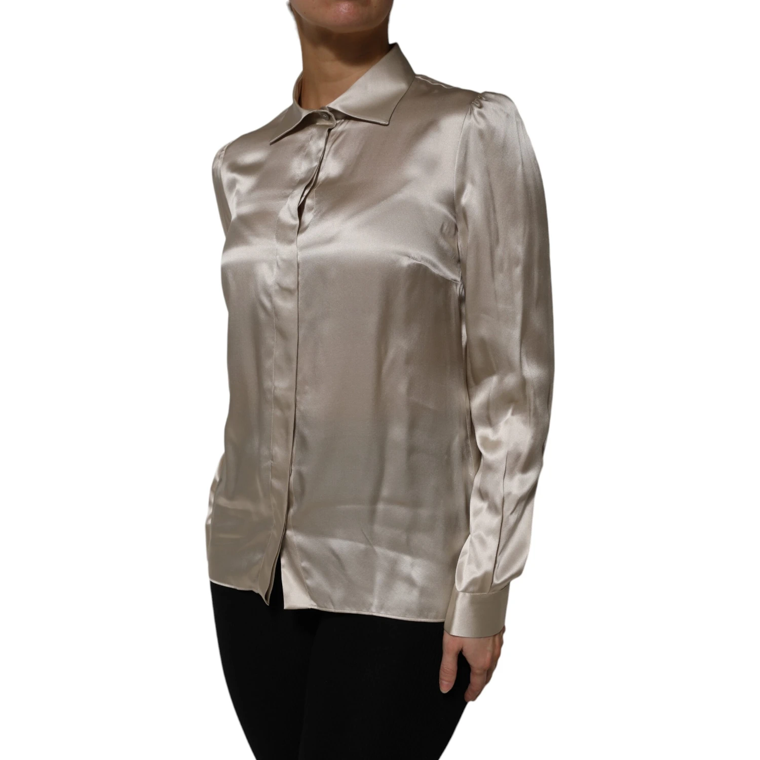 Beige Satin Silk Collared Long Sleeves Top