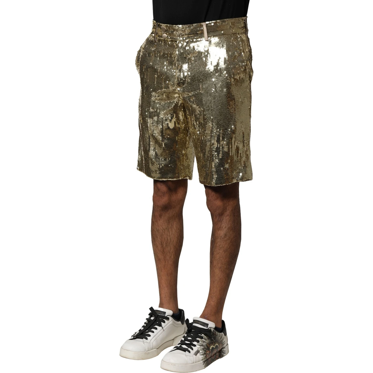 Gold Sequin Polyester Embellished Bermuda Shorts