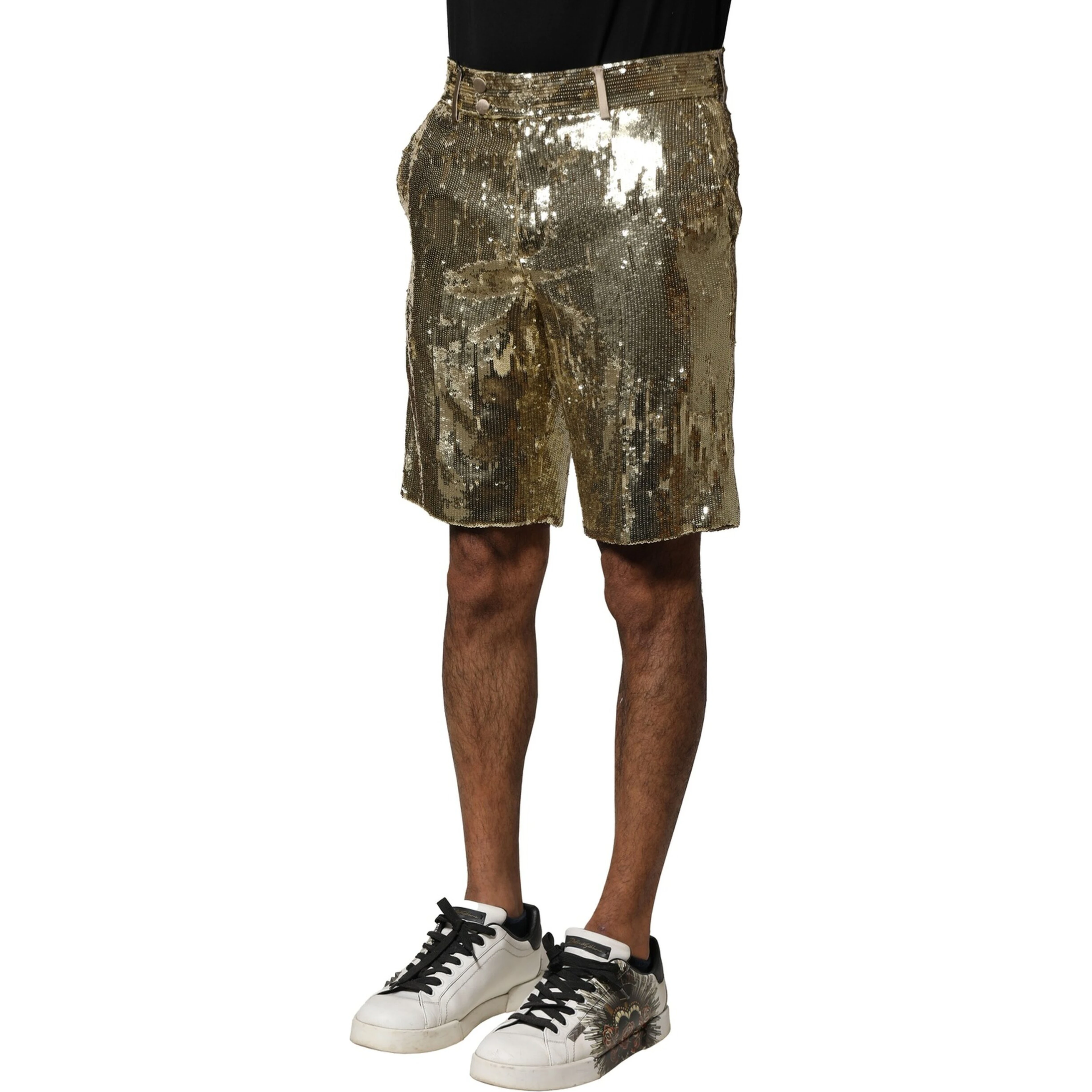 Gold Sequin Polyester Embellished Bermuda Shorts