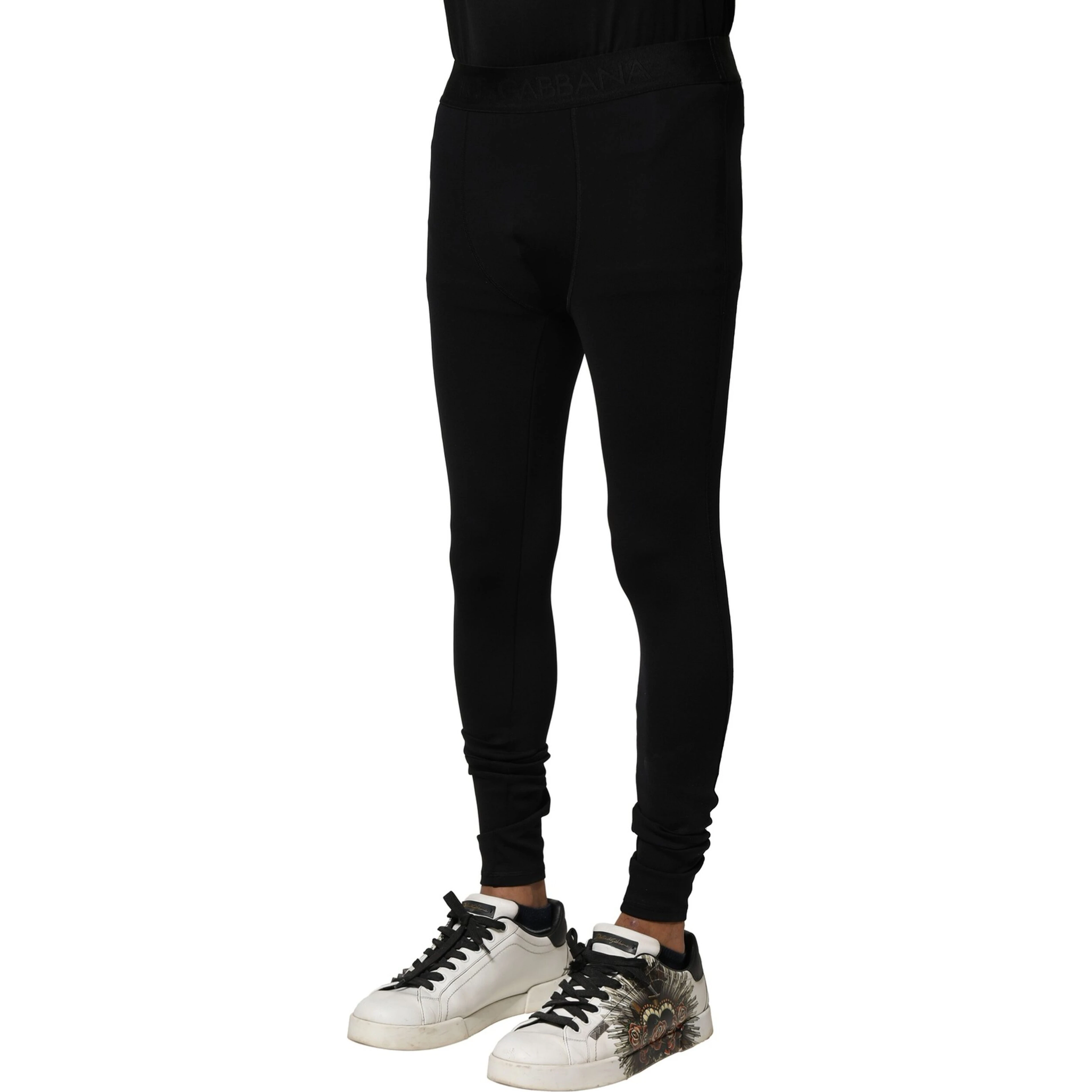 Black Nylon Elastic Logo Men Leggings Pants