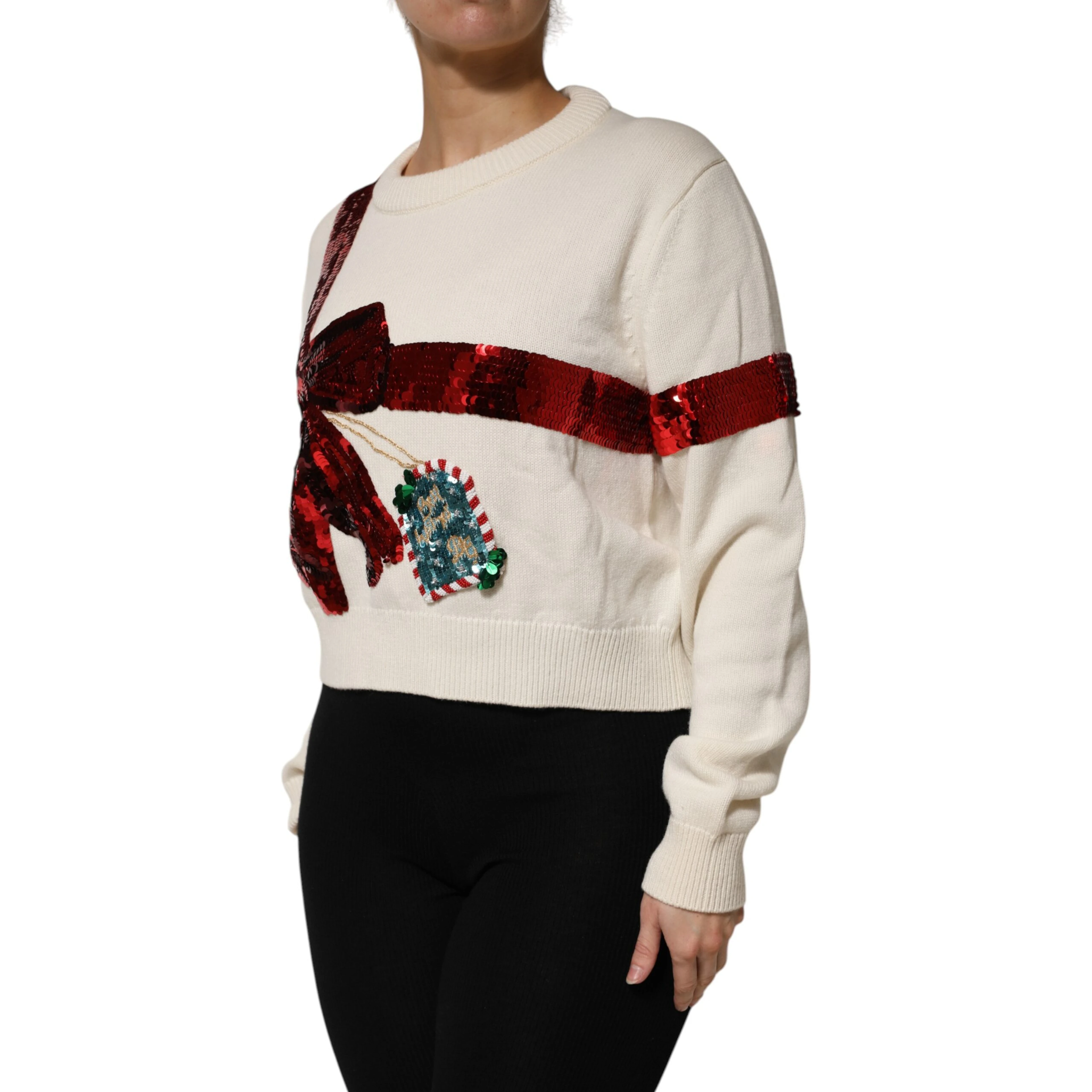 White Sequined Crew Neck Pullover Sweater