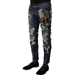 Blue Cotton Rhinestone Embellish Denim Jeans