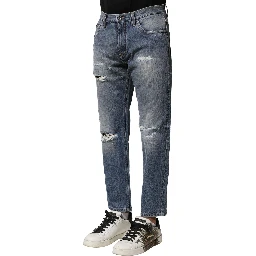 Blue Washed Tattered Straight Fit Denim Jeans