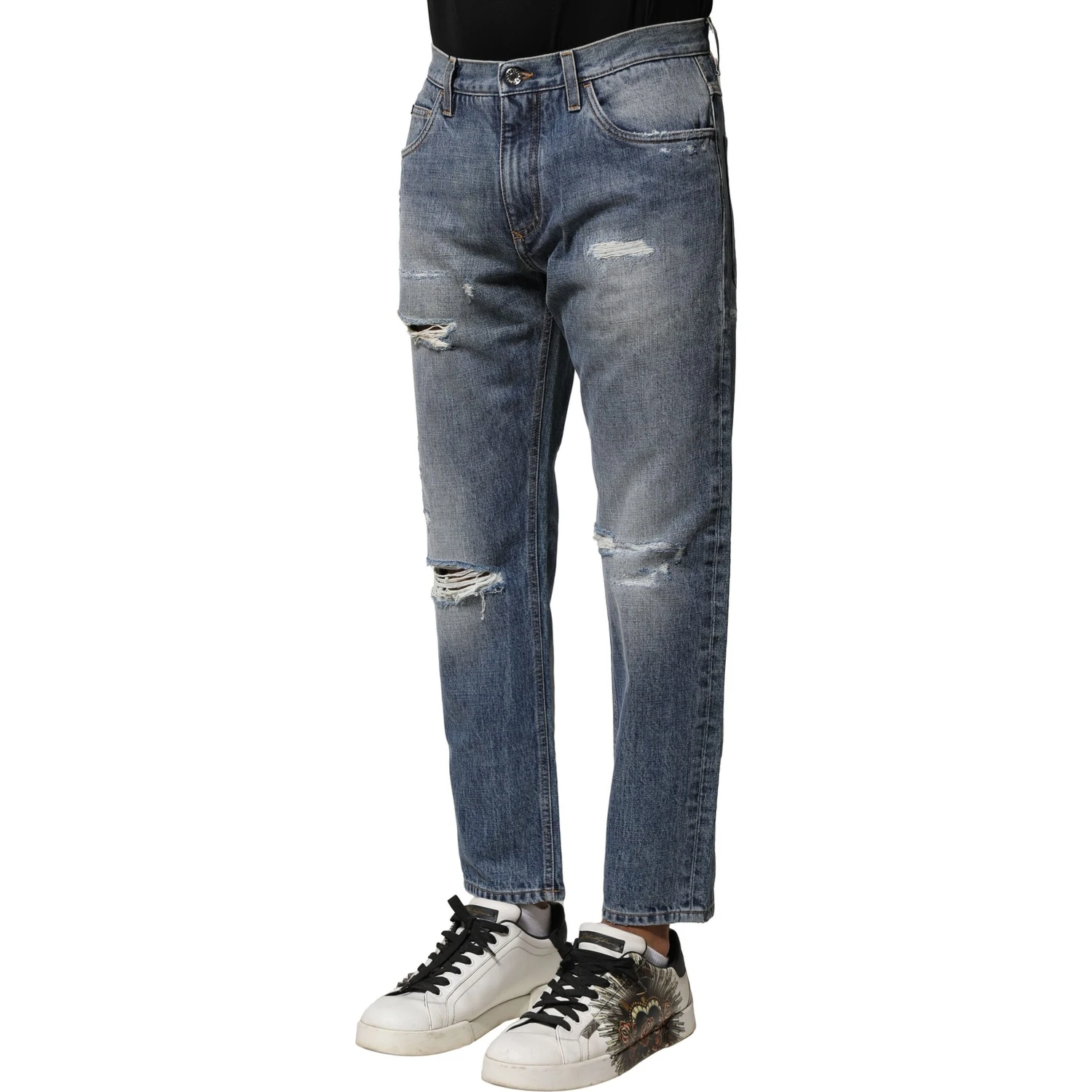 Blue Washed Tattered Straight Fit Denim Jeans