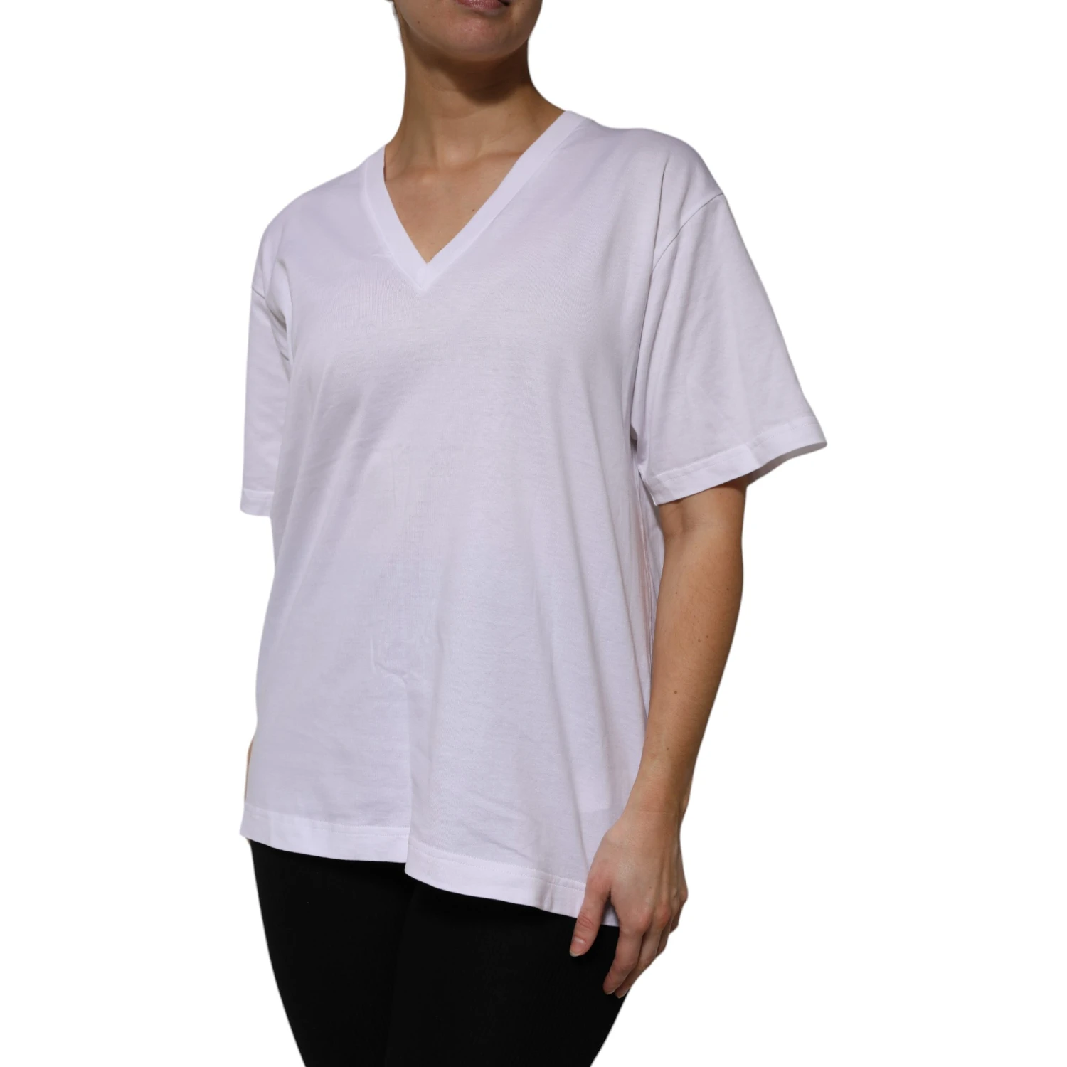 White Cotton Short Sleeves V-neck T-shirt