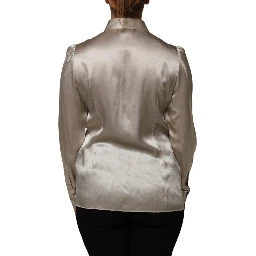 Beige Satin Silk Collared Long Sleeves Top