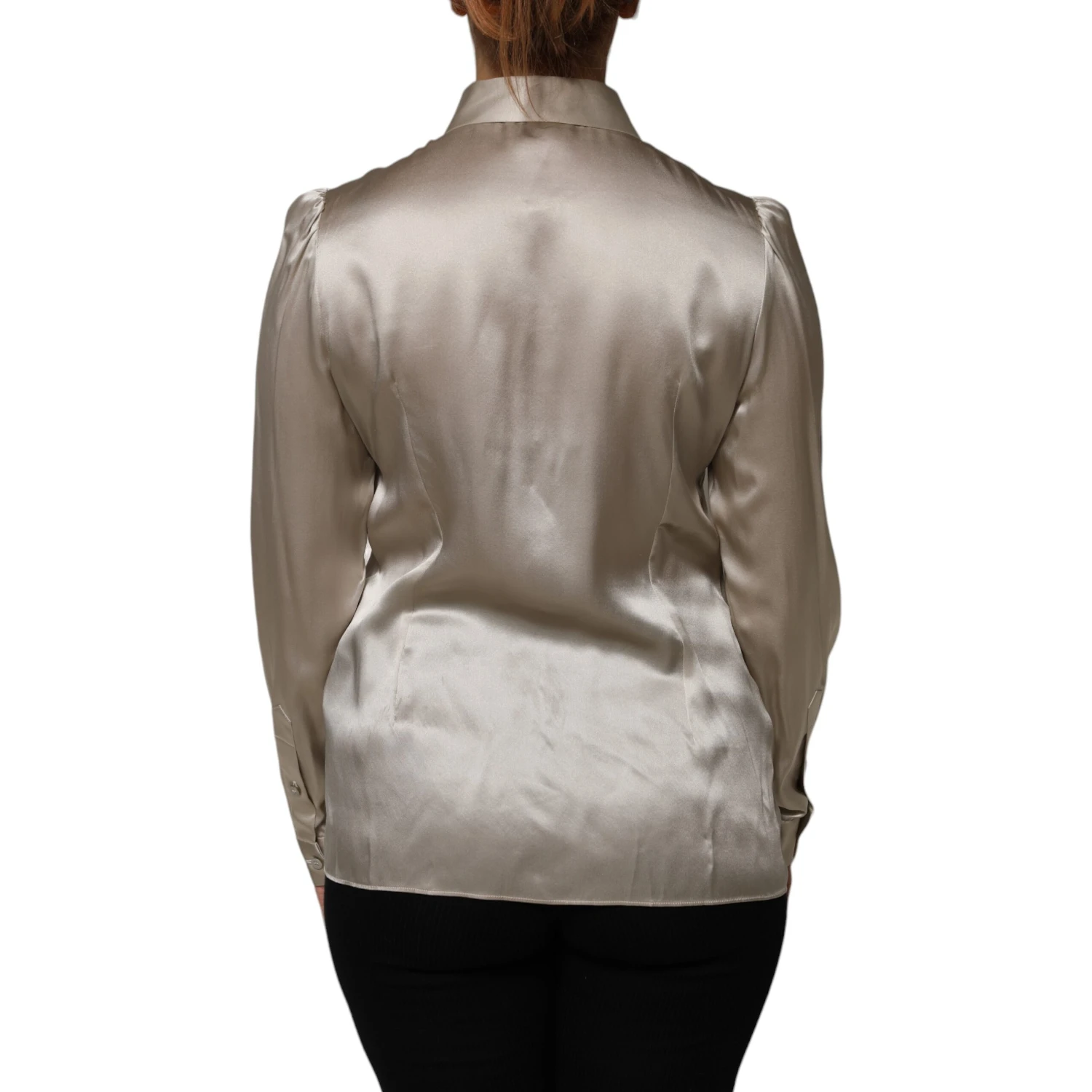 Beige Satin Silk Collared Long Sleeves Top