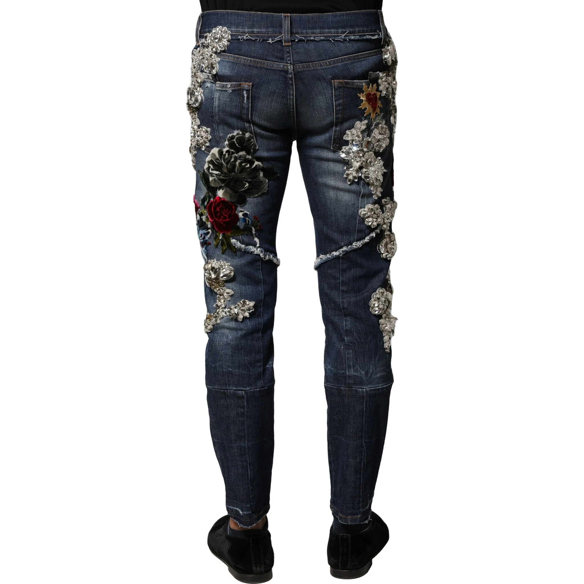 Blue Cotton Rhinestone Embellish Denim Jeans