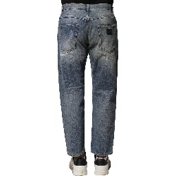 Blue Washed Tattered Straight Fit Denim Jeans