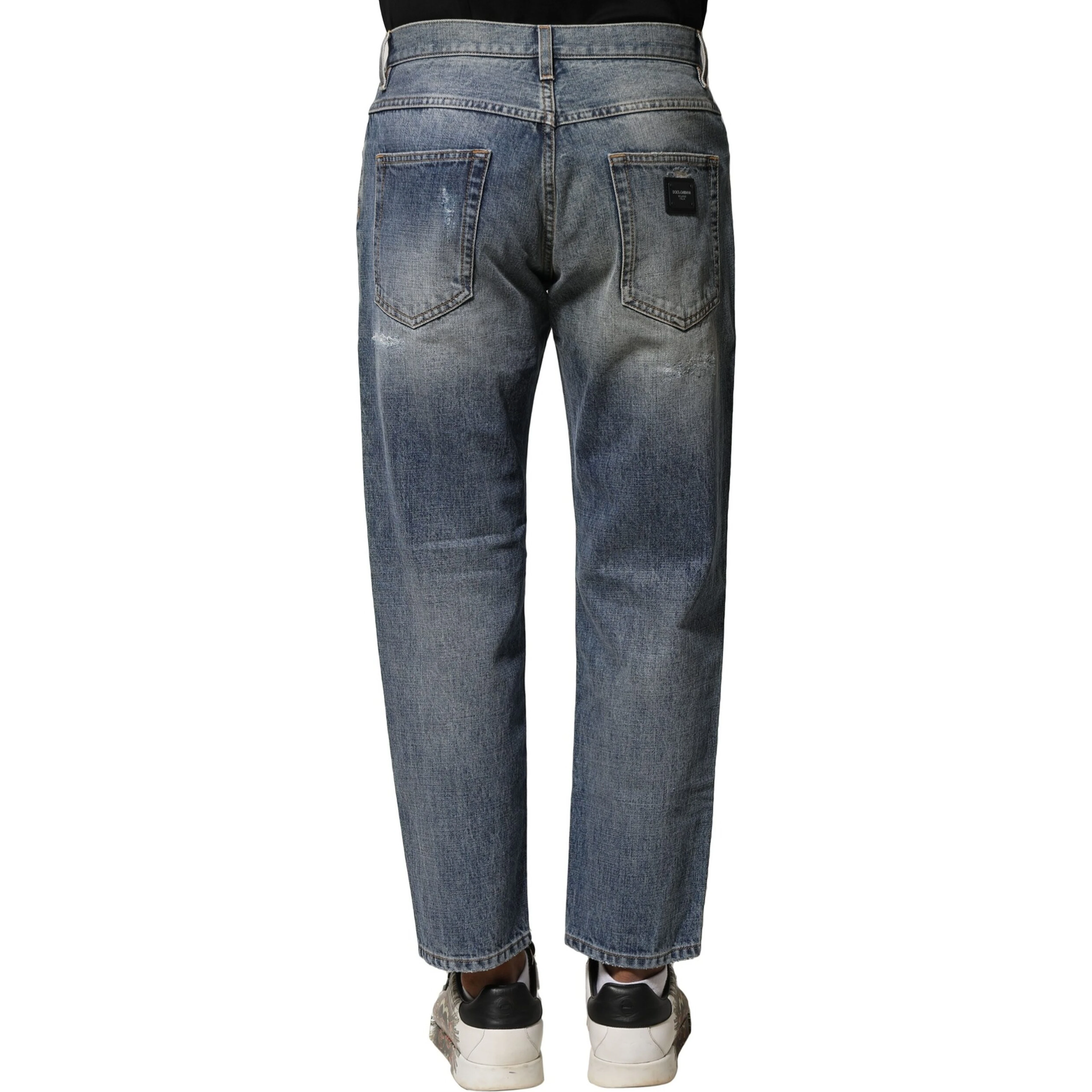 Blue Washed Tattered Straight Fit Denim Jeans