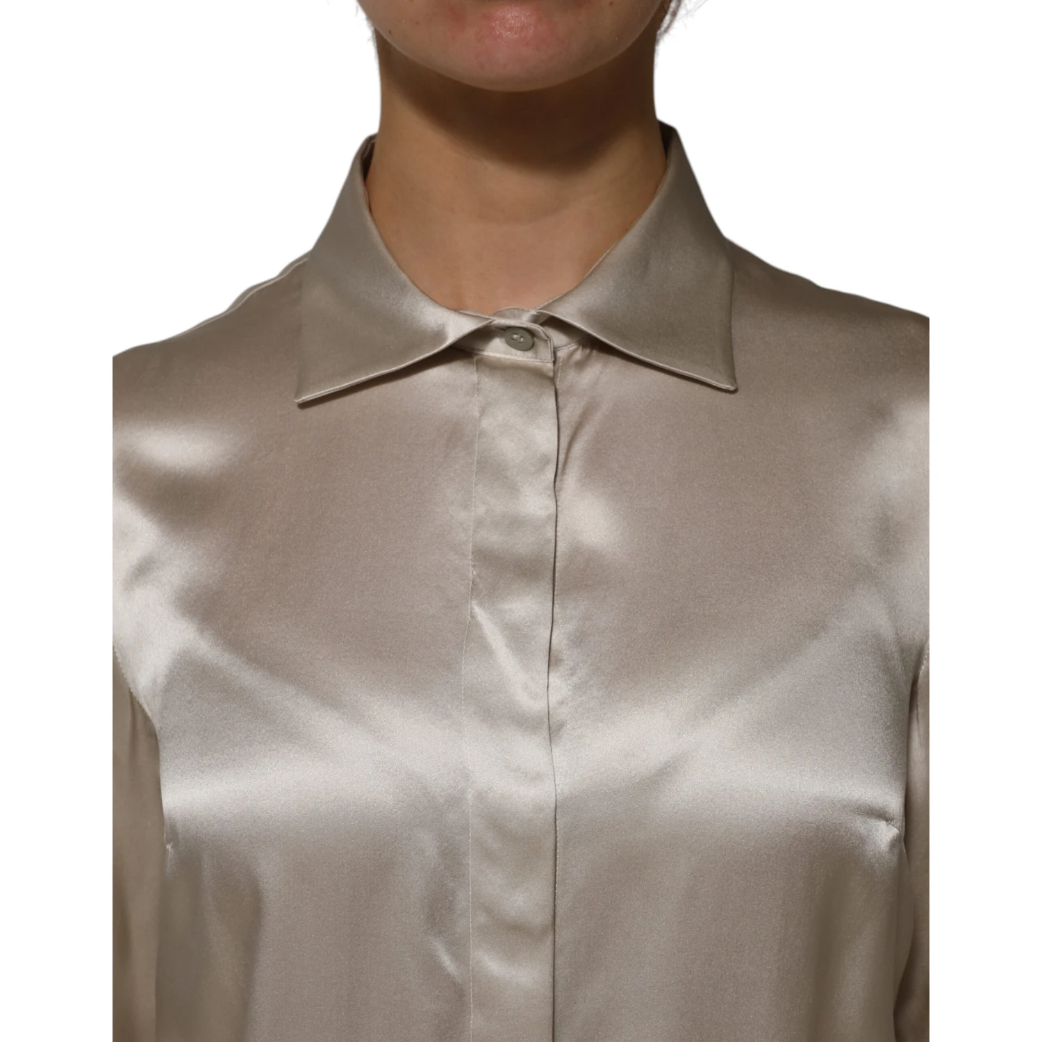 Beige Satin Silk Collared Long Sleeves Top