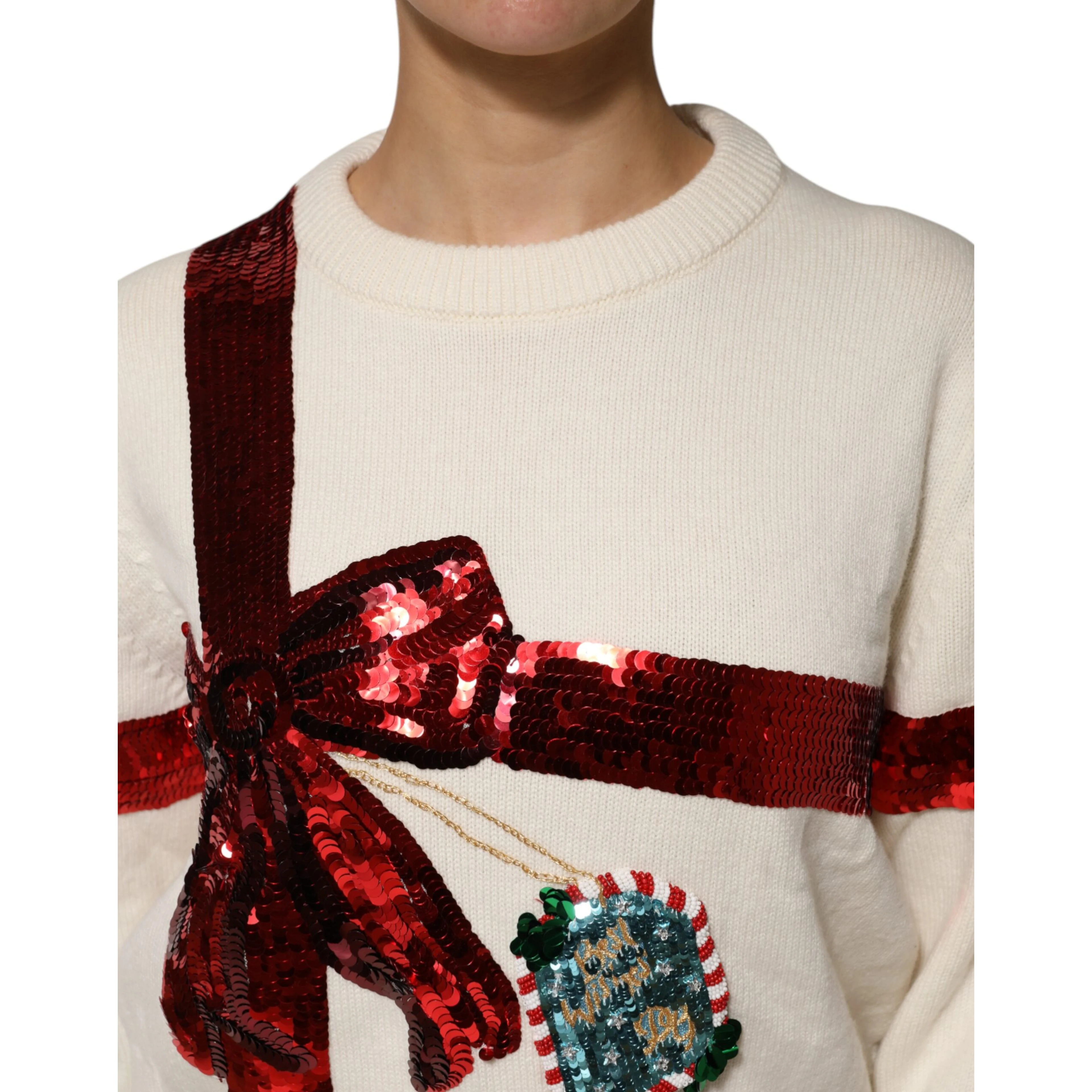 White Sequined Crew Neck Pullover Sweater
