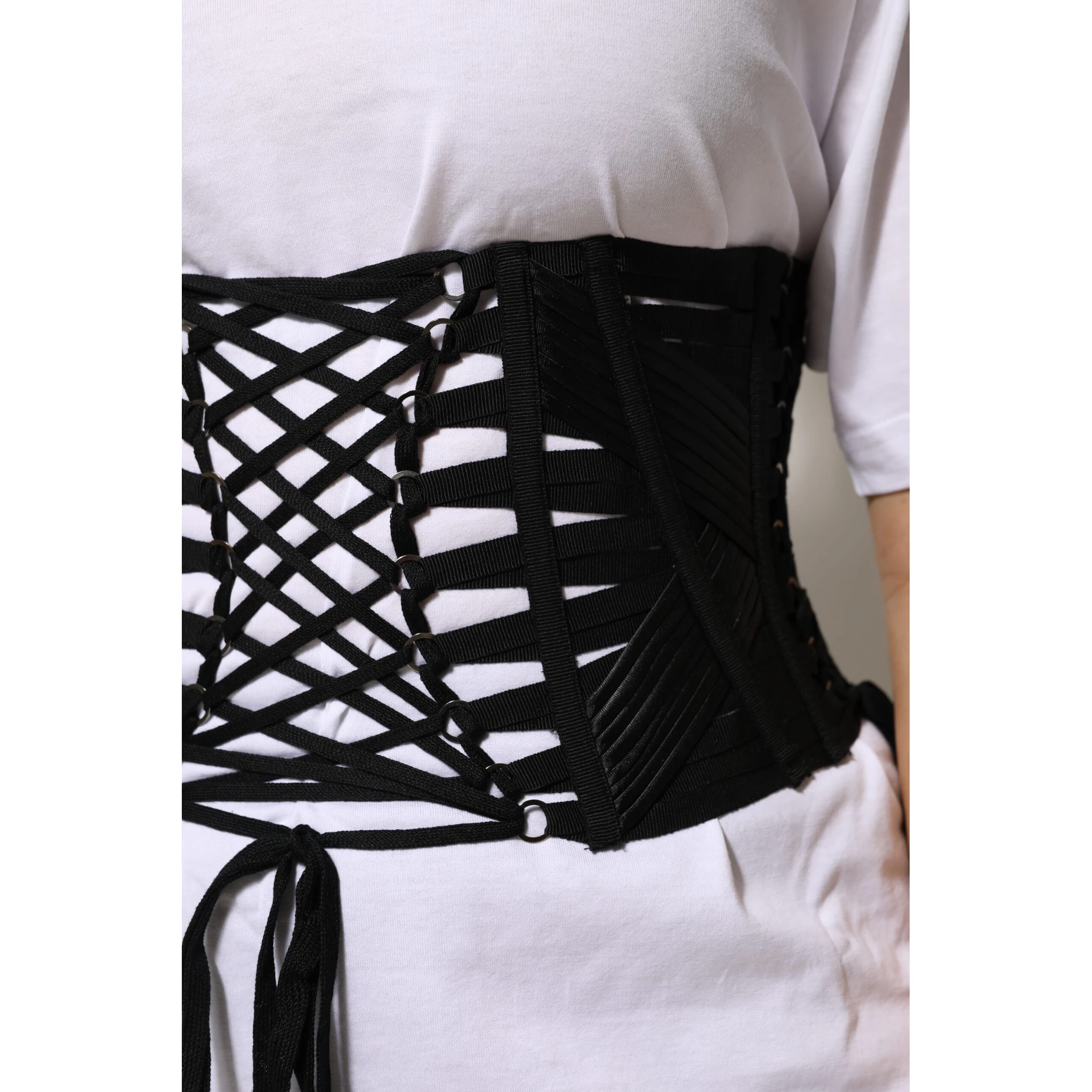 Black Cotton Waist LaceUp Strap Corset Belt