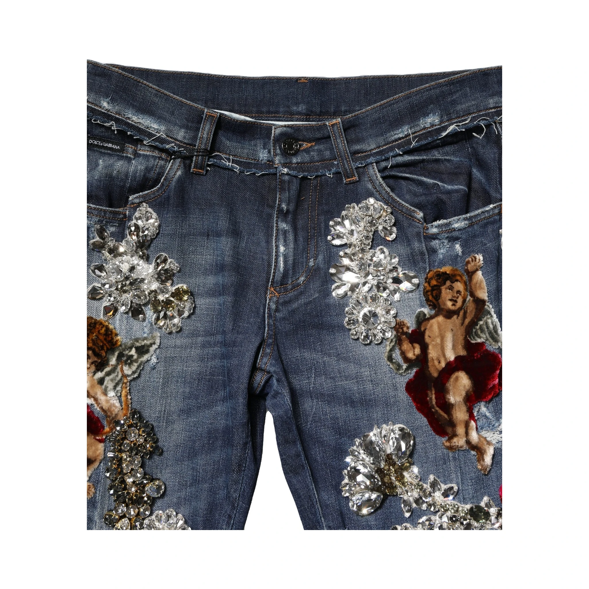 Blue Cotton Rhinestone Embellish Denim Jeans