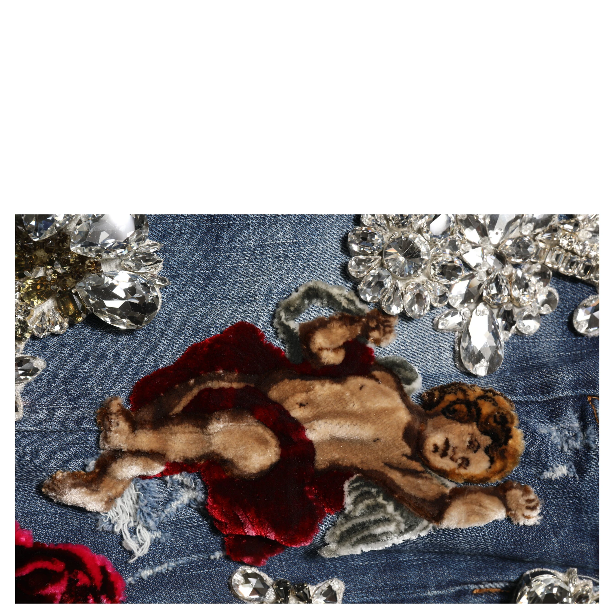 Blue Cotton Rhinestone Embellish Denim Jeans