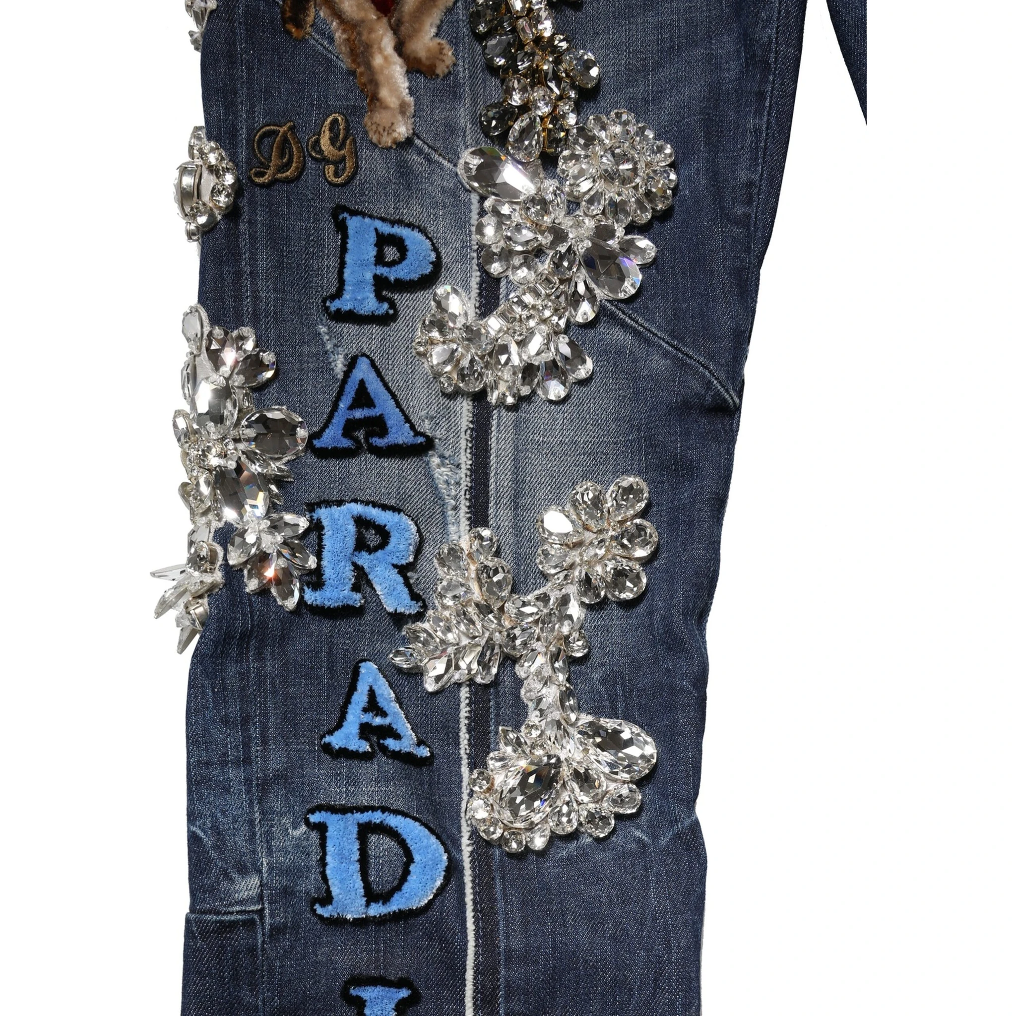 Blue Cotton Rhinestone Embellish Denim Jeans