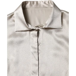 Beige Satin Silk Collared Long Sleeves Top