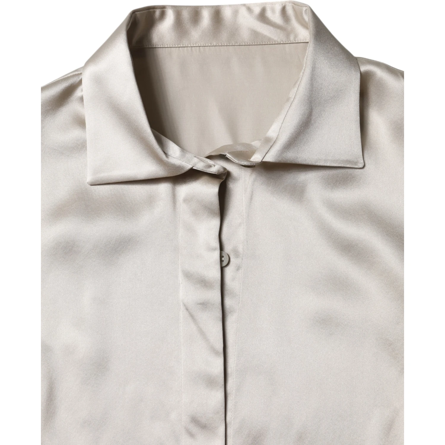 Beige Satin Silk Collared Long Sleeves Top