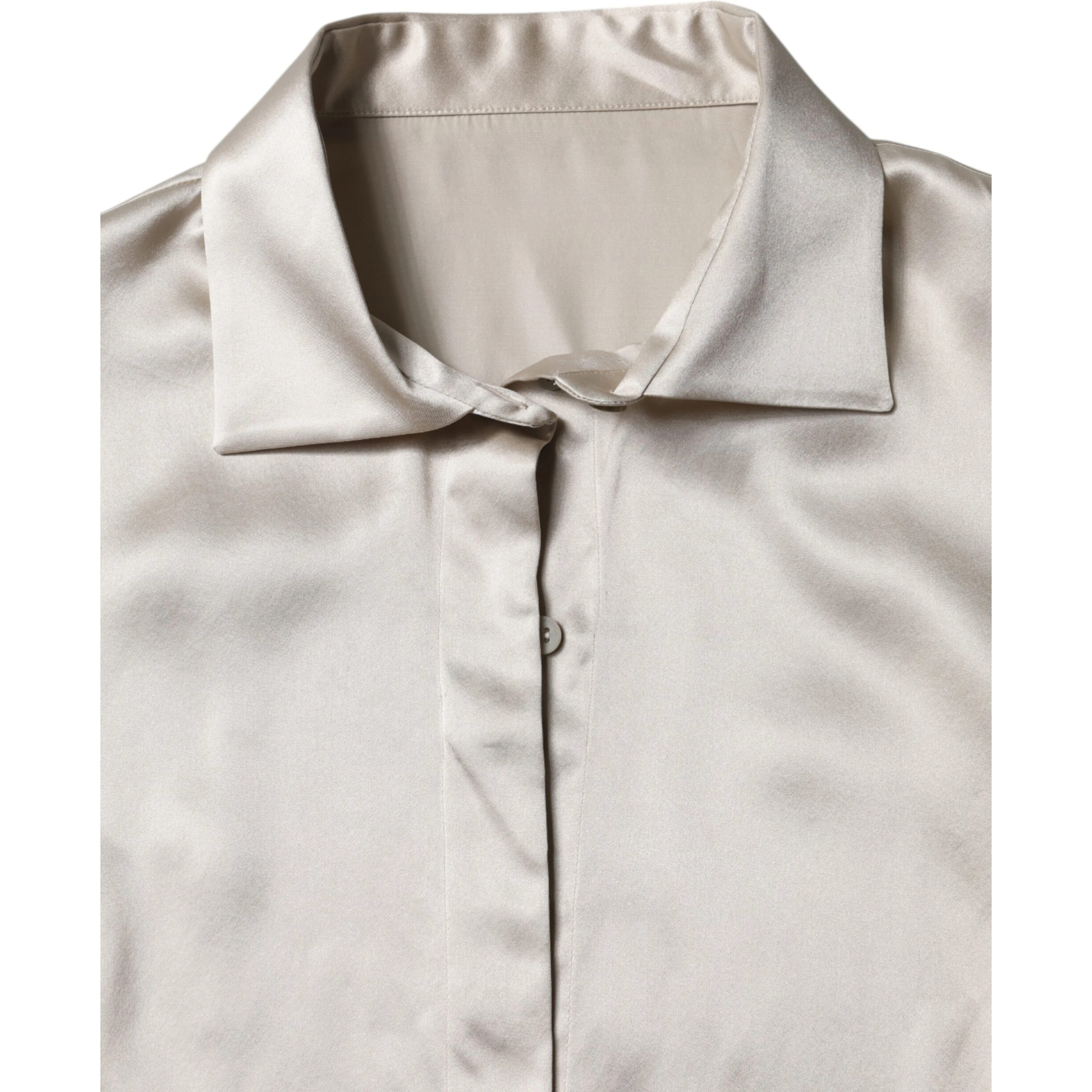 Beige Satin Silk Collared Long Sleeves Top