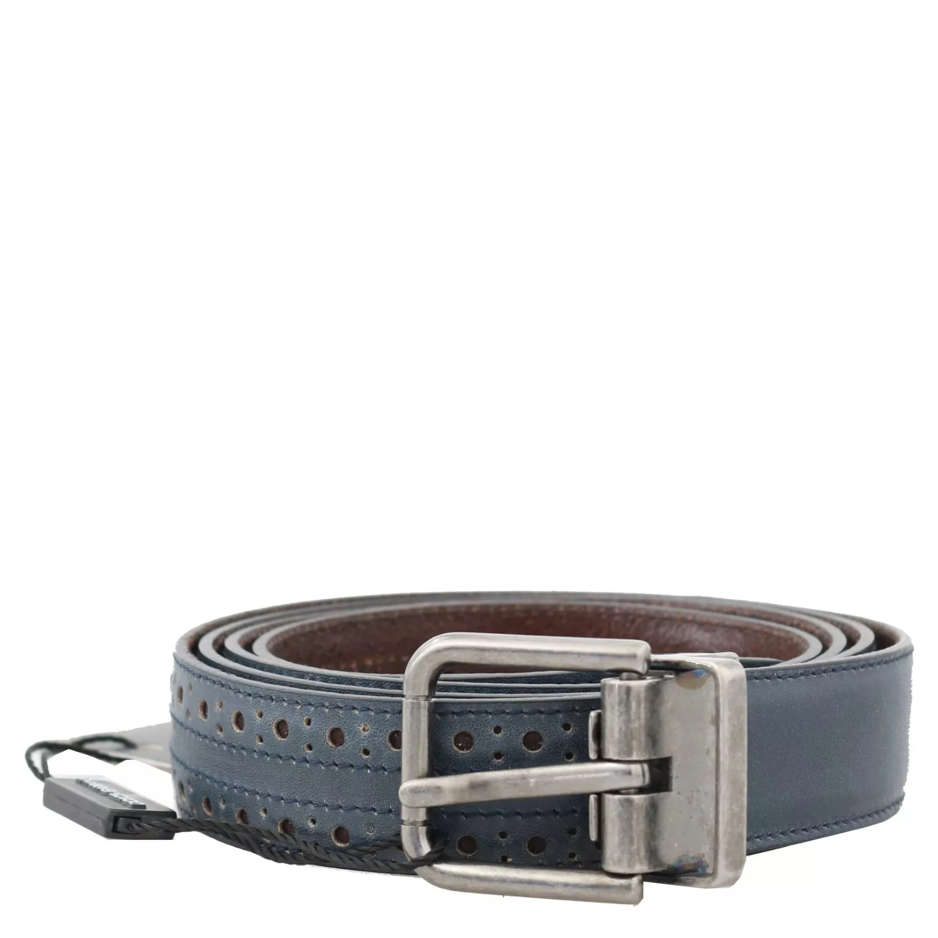 Blue Perforated Leather Gray Buckle Belt